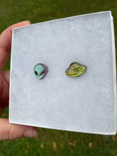 Load image into Gallery viewer, Green &amp; Blue Alien &amp; UFO Earrings

