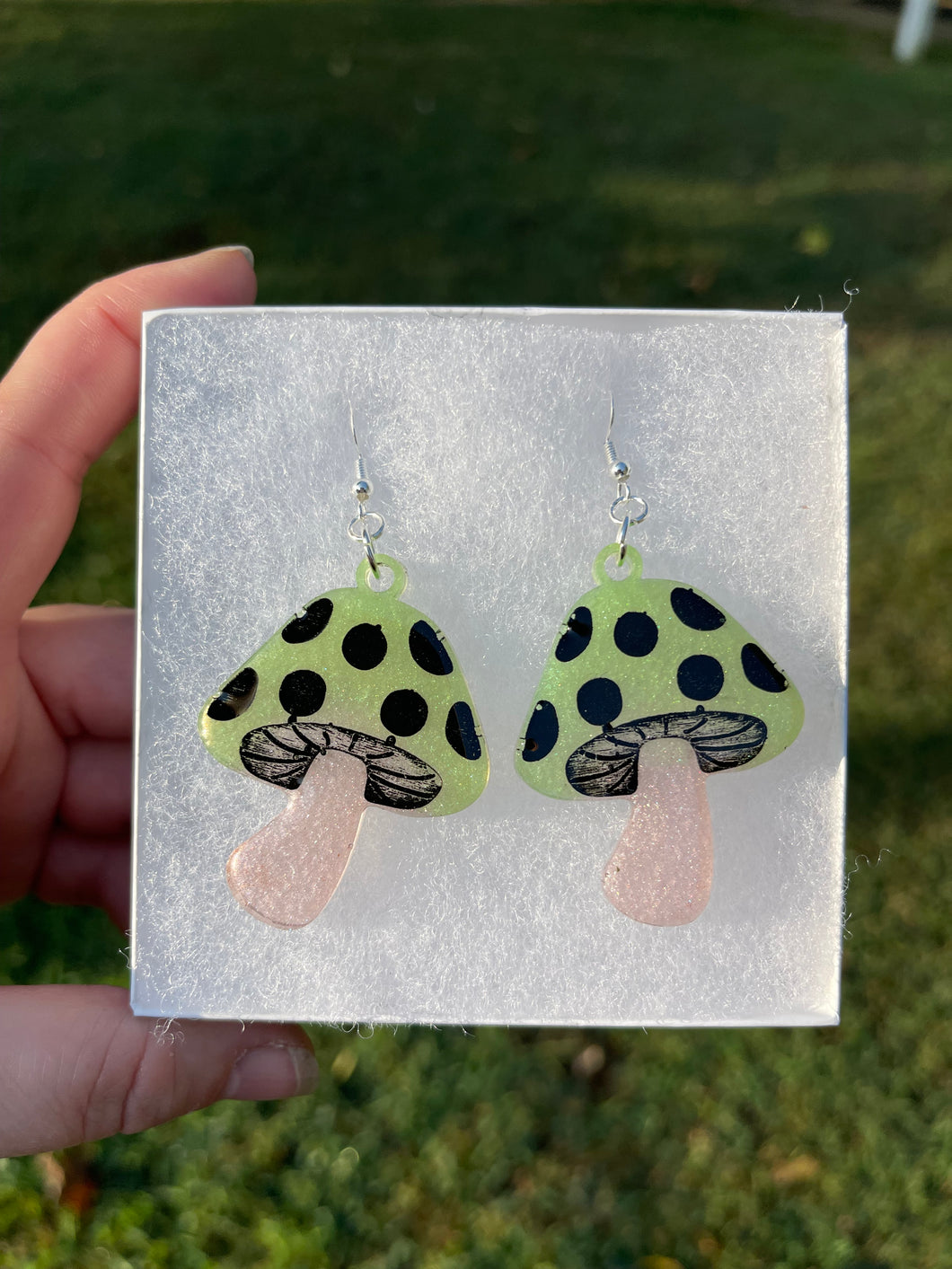 Green & Pink Mushroom Earrings