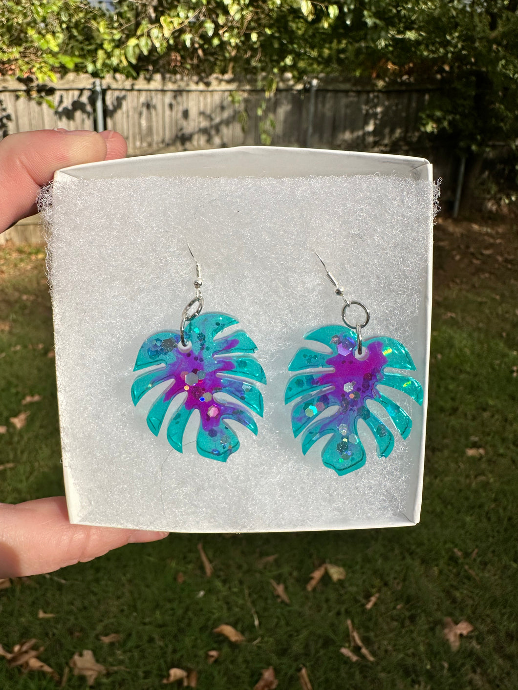 Turquoise & Purple Monstera Leaf Earrings