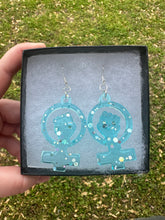 Load image into Gallery viewer, Light Blue Sparkly Feminist Earrings
