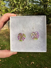 Load image into Gallery viewer, Green &amp; Purple Monstera Leaf Earrings
