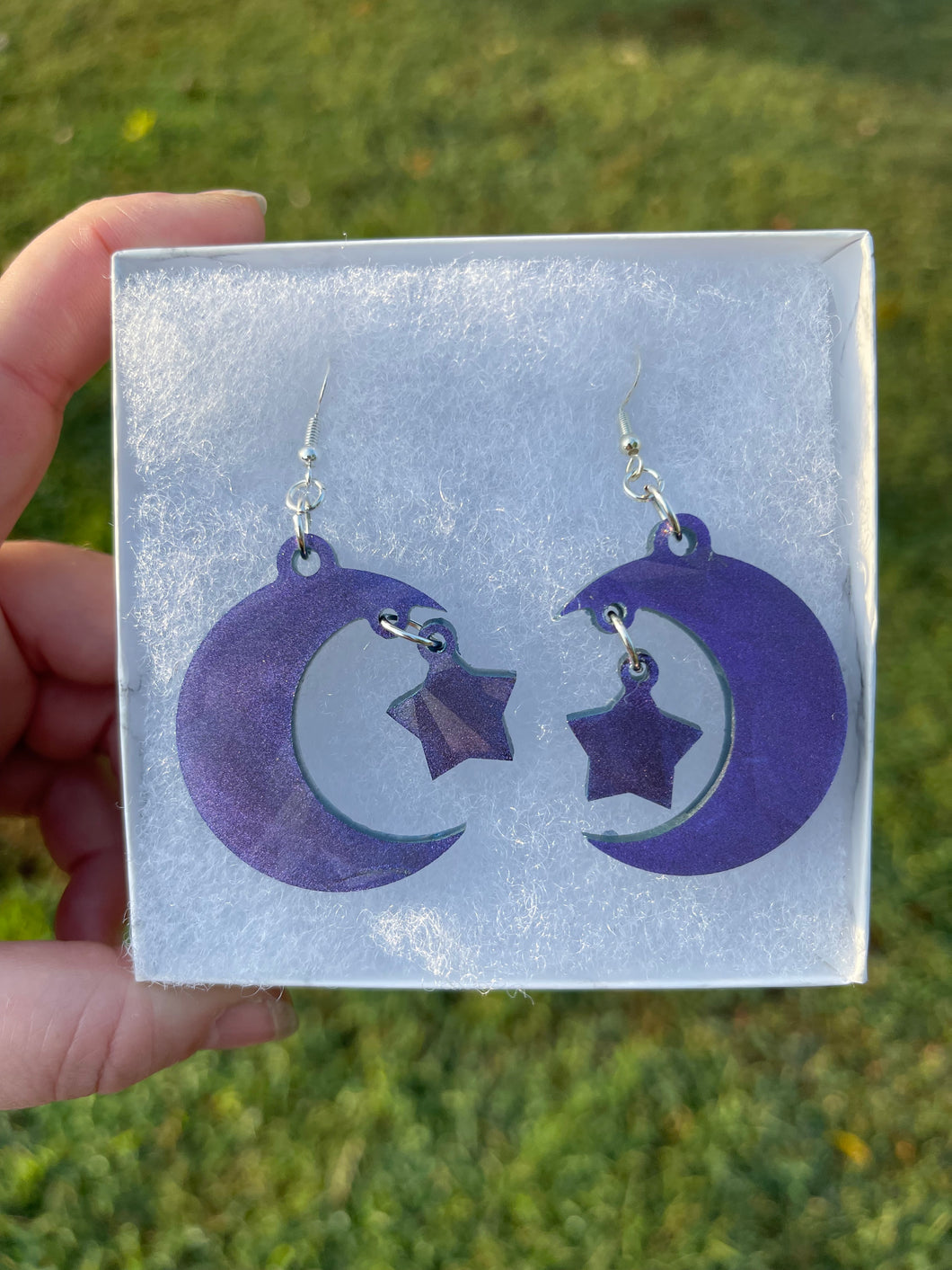 Purple Holographic Moon & Star Earrings