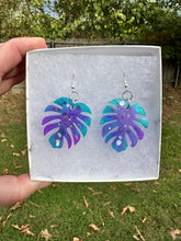 Load image into Gallery viewer, Purple &amp; Turquoise Monstera Leaf Earrings
