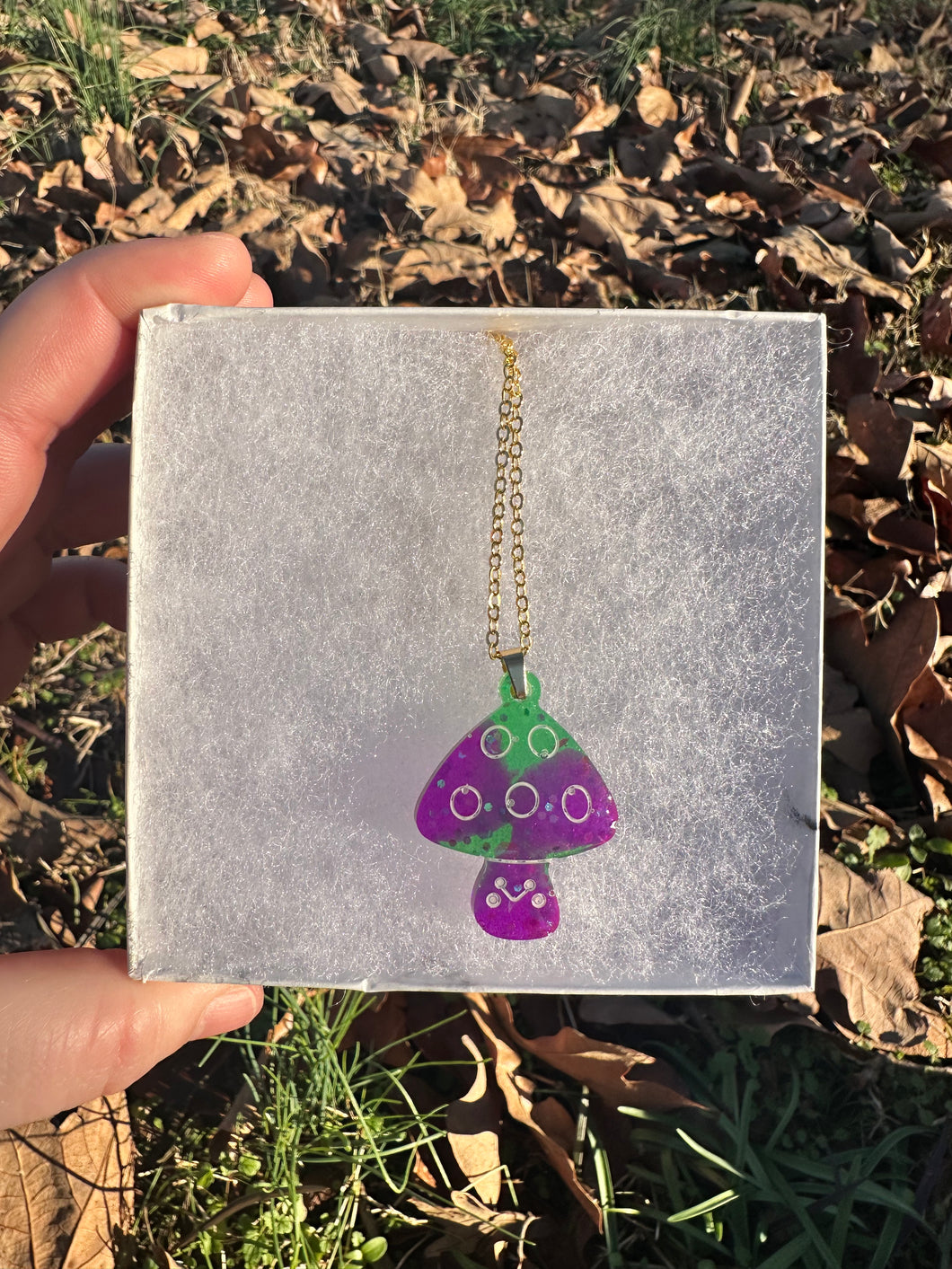 Purple & Green Sparkly Mushroom Necklace