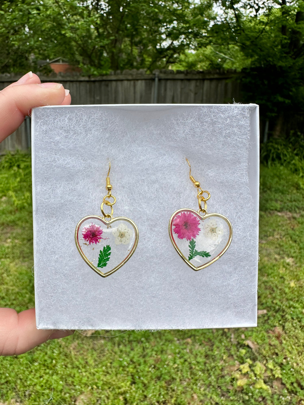 Pink White & Green Floral Heart Earrings
