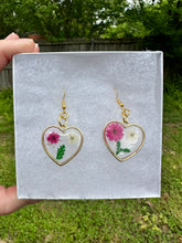 Load image into Gallery viewer, Pink White &amp; Green Floral Heart Earrings
