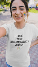 Load and play video in Gallery viewer, Fuck Your Discriminatory Church Unisex T-Shirt
