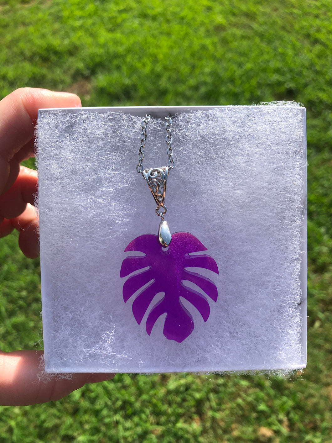 Purple Monstera Leaf Necklace